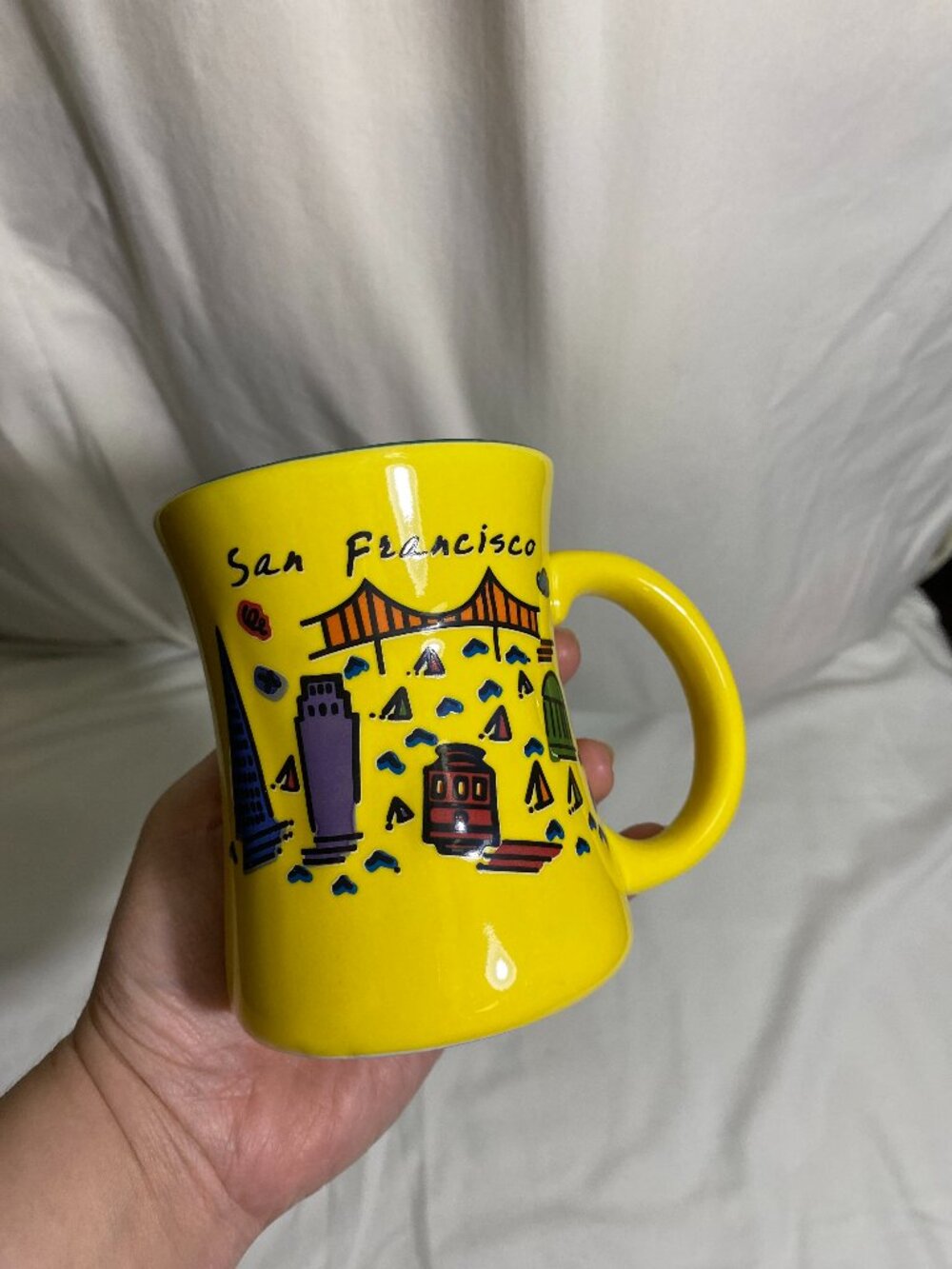 Vintage San Francisco Souvenir Coffee Mug Yellow Red Golden Gate Bridge Cable